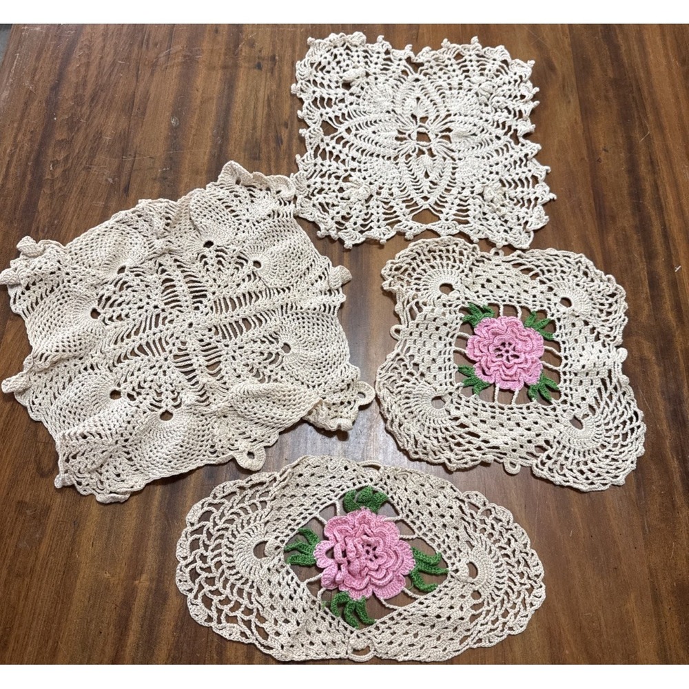 Set  Four Victorian Raised Rose Rosette Hand Crocheted Doilies Ivory Pink Green